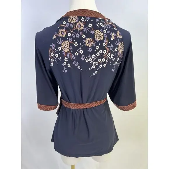 VTG BCBG Gorgeous Y2K Asian Print Kimono Wrap Top Women’s Small Blue Brown - Picture 7 of 11